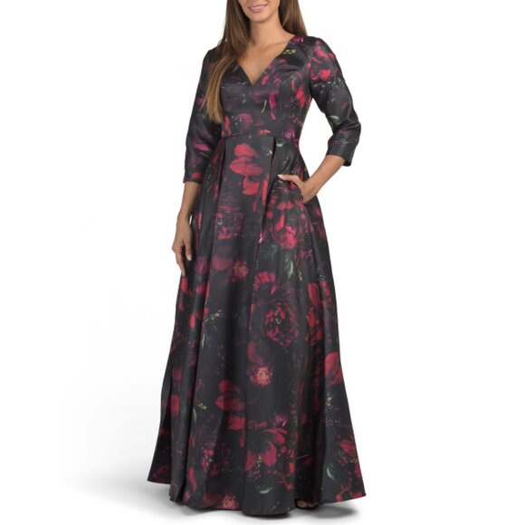 RENE BY RENE RUIZ Burgundy Three-quarter Sleeve Pleated Mikado Gown - Picture 1 of 2